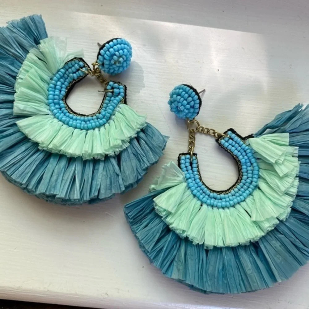 Betsy Pittard Blue Raffia Earrings - Picture 3 of 5